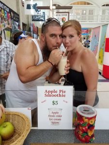 Enjoying an Apple Pie Smoothie at the New England Apples booth in the Massachusetts Building at the Big E in West Springfield, Massachusetts. (Bar Lois Weeks)